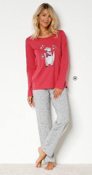 Pyjama femme rouge et gris coton imprimé loutre haut col rond manches longues bas taille élastique pas cher - Blancheporte