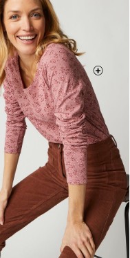 T-shirt imprimé femme maches longues jersey coton bio rose grisé pas cher | Blancheporte