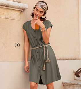 Korte, soepele kakigroene jurk in safaristijl met korte mouwen - goedkoop - Blancheporte