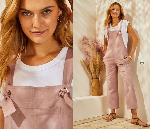 Wijde damessalopette met knoopbretellen in roze linnen en katoen, goedkoop | Blancheporte